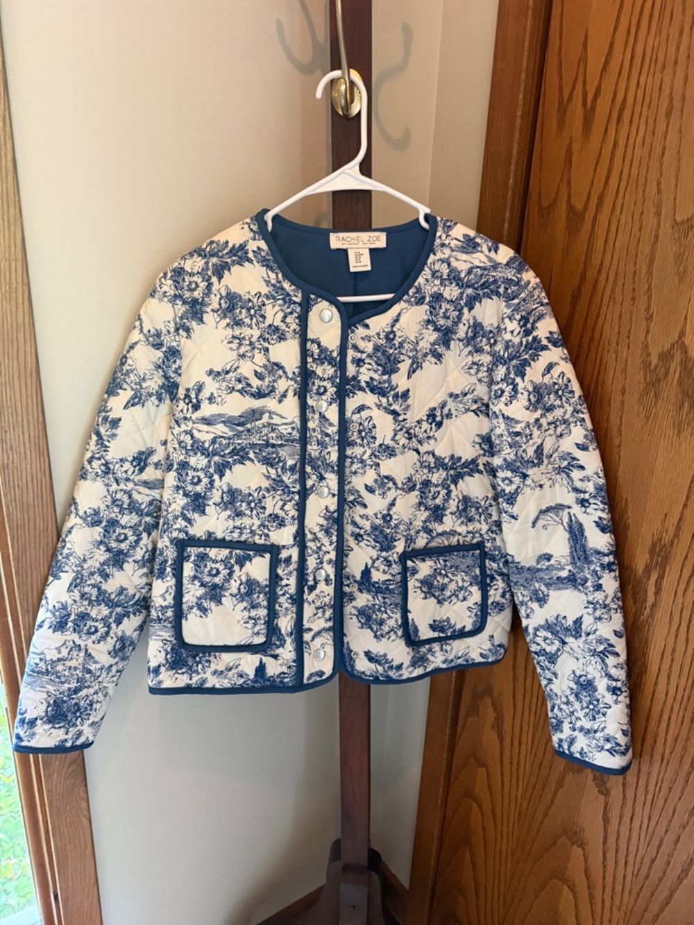 Rachel Zoe White Quilted Jacket with Blue Toile Print